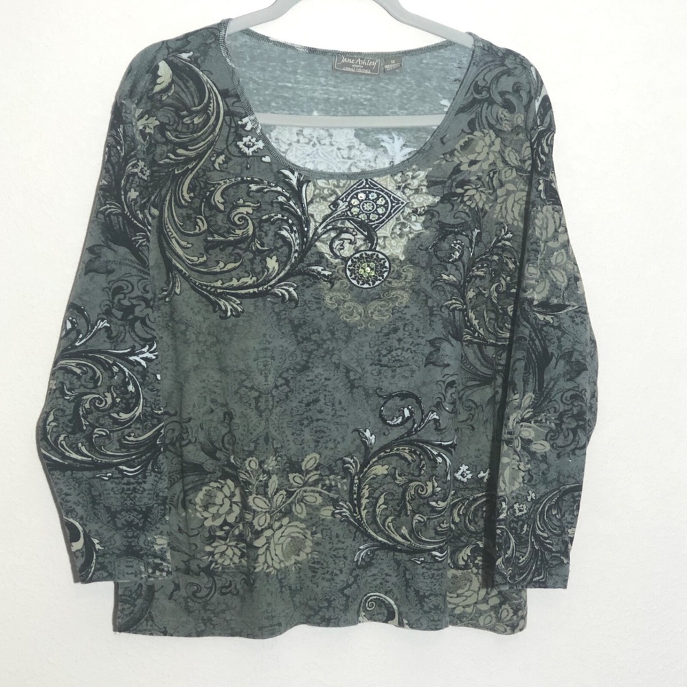 Jane Ashley 1X 100% Cotton Paisley Sweater Gray Black Boho Plus Size Soft Knit